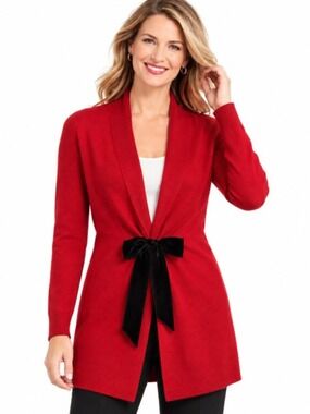 Talbots Red Merino Wool Open Cardigan Black Velvet Bow NWOT M Holiday Chic